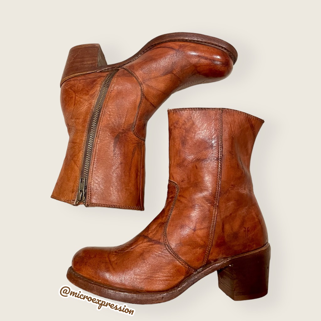 Frye Campus 14l Cognac Brown Leather Vintage Short Zip Up Mid-Calf Lug Ankleboot